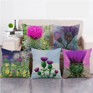 Close-up of linen pillow covers with hand-painted thistle flower patterns on a beige sofa