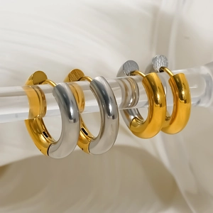 Hoop Earrings Dual Tone 18k Gold Plated 304 Stainless Steel Minimalist Chunky Round Earrings For Women Waterproof