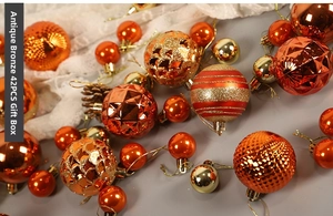 Detail of 42pcs bronze Christmas ornament set with glitter, matte, and geometric textures