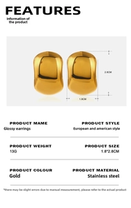 Detail view of gold stainless steel earrings with size 1.8x2.8cm and 13g weight specs