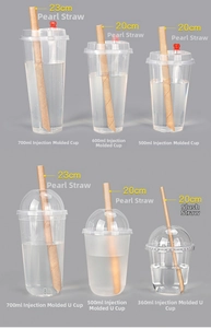 Detail showing various sizes of disposable plastic cups with straws from 360ml to 700ml