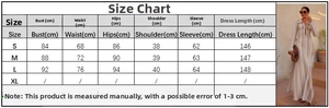 Detailed size chart for handmade crochet hollow v-neck beach maxi dress showing dimensions