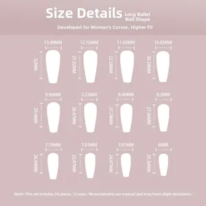 Size chart showing 24pcs long coffin press on nails in 12 varied width dimensions