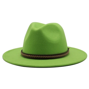 Detail of a green wool jazz hat featuring a dark brown braided leather headband