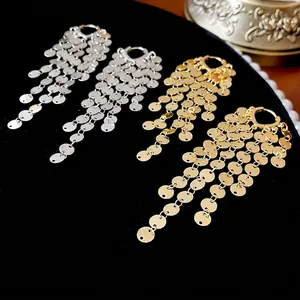 Long Sequin Tassel Earrings With Steel Earring Post Copper Round Metal Plate Statement Chic Jewelry For Women