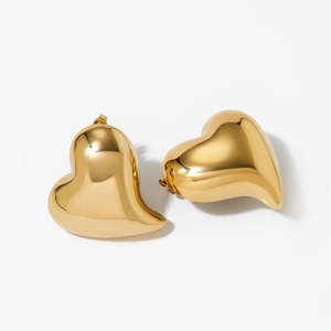Polished 3D gold heart stud earrings in minimalist stainless steel for women