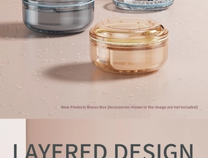 Detail view of double-layered braces box in amber and black with waterproof design