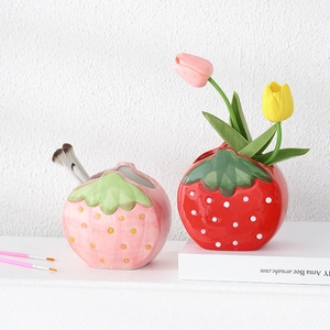 Cute Strawberry Ceramic Pen Holder Makeup Brush Storage Desktop Organizer Office Dorm Room Aesthetic Home Decor