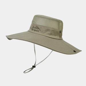 Detail of breathable mesh crown and JG-sport logo on khaki outdoor sun hat with chin strap