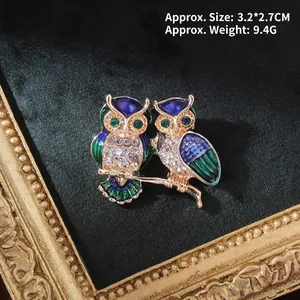 Detailed view of baroque owl brooch with blue enamel and rhinestones 3.2x2.7cm