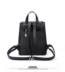 Detail view of the back of a black PU leather backpack showing straps and gold zipper pocket