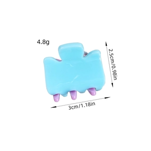 Mini candy-colored acrylic hair claw in blue and purple with size and weight measurements