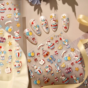 Retro circus rabbit nail stickers with vintage tents, balloons, and cartoon bunny patterns