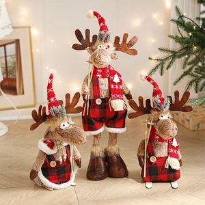 Christmas Reindeer Plush Doll Elk Buffalo Plaid Standing Figurine Knitted Hat Wooden Skis Holiday Party Table Home Decor