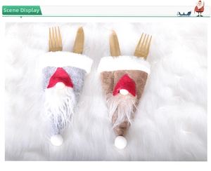 Christmas gnome cutlery holders set with red hats and faux fur beards for holiday tables