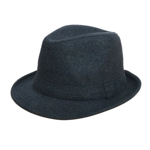 Classic dark grey wool felt fedora hat for men with interior ribbon trim in flat lay view