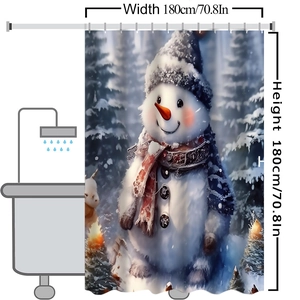 Detail showing 180x180cm snowman shower curtain with winter forest print and rod hooks