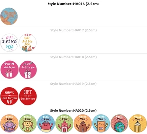 Detailed catalog showing 2.5cm Happy Birthday and Thank You round sealing stickers