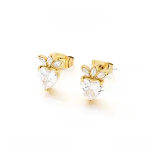 Detailed view of heart-shaped crystal earrings with marquise stones on gold stainless steel