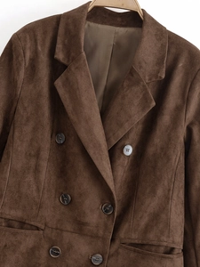 Détail d'un blazer olive en similicuir suédé à double boutonnage avec col tailleur