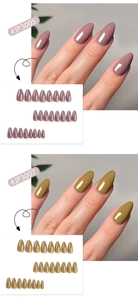 Glossy almond-shaped press-on nails in dusty purple and olive green finishes