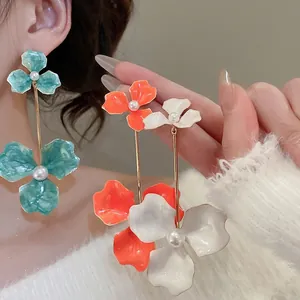 Floral Long Dangle Earrings With Enamel Flower Imitation Artificial Pearl 925 Sterling Silver Earring Post Elegant Jewelry Women