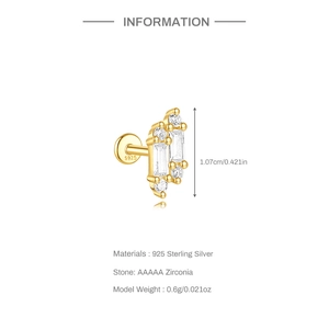 Vue détaillée du clou d'oreille en argent S925 avec zircon et mesures de taille