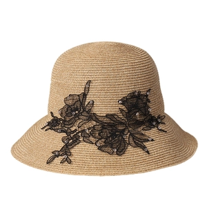 Elegant straw sun hat for women with black lace floral embroidery and crystals