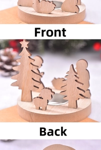 Détails du photophore en bois avec silhouettes de forêt découpées au laser, recto et verso