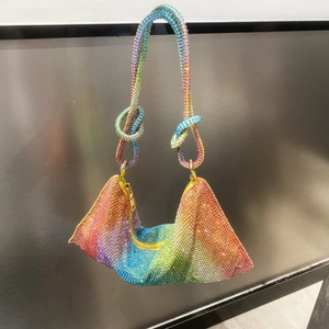 Detailed shot of rainbow rhinestone hobo bag with unique knotted shoulder strap