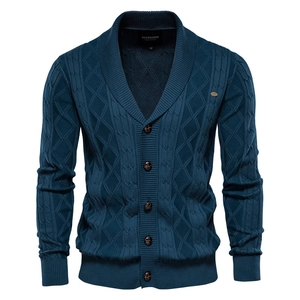 Men's V-neck thick knit cardigan in dark navy blue with classic cable knit pattern