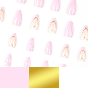 Pink and gold glitter French tip coffin press-on nails set displayed on white background
