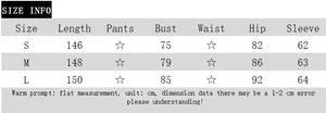 Detailed size chart showing length, bust, hip and sleeve measurements for the maxi dress