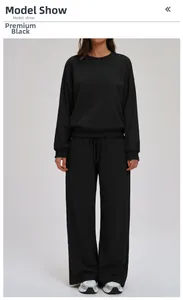 Detail of premium black tracksuit featuring a crewneck sweatshirt and drawstring trousers