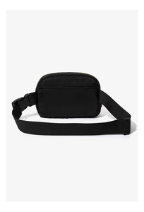 Detail view of the black mini waist bag back with adjustable strap and buckle closure