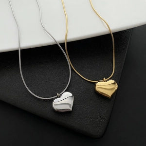 Stainless Steel Heart Pendant Necklace High Polish Mirror Finish Minimalist Serpentine Chain Jewelry Gift For Women