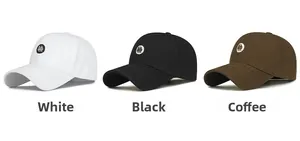 Detailed view of high-quality embroidered baseball caps in white, black and brown colors