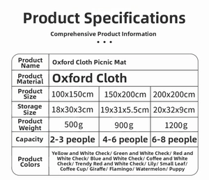 Detailed size guide for Oxford fabric picnic mats showing various dimensions and capacity