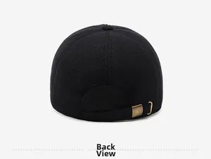 Rear view of winter wool baseball cap with adjustable bronze buckle and wool texture