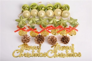 Christmas tree ornaments set featuring green striped balls, golden bells, and stars