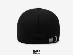 Back view of a black winter baseball cap featuring an adjustable metal buckle strap