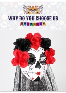 Detail of Day of the Dead mask with red roses and black lace veil for Halloween party