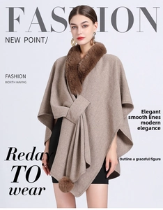 Detail of faux rabbit fur collar and knit poncho with decorative pom-poms in earth tones