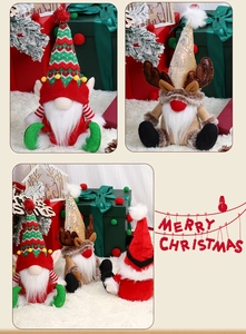 Detail of Christmas faceless gnome plush dolls with knit hats and reindeer antlers decor