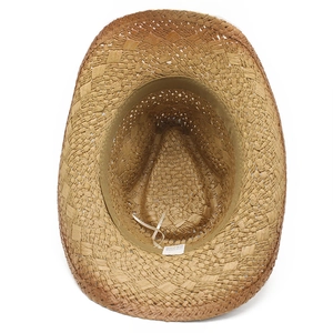 Detail view of woven straw hat interior featuring a comfortable inner band and paper fiber tag