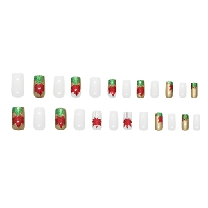 Autumn maple leaf press-on nails set with gold and white accents in medium square shape