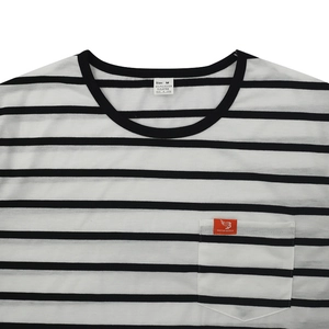 Detail of the crew neck and chest pocket on a black and white striped men's T-shirt