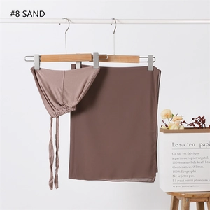 Detail of sand color modal stretch undercap and matching pearl chiffon hijab set