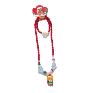 Kids Christmas jewelry set with red beaded necklace and bracelet featuring Santa bear pendants