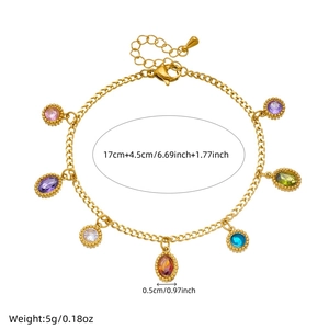 Gold stainless steel bracelet with seven colorful crystal pendants and lobster clasp